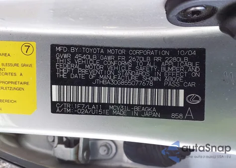 2005 Lexus Es 330 из США, поврежденный, VIN JTHBA30G855077678